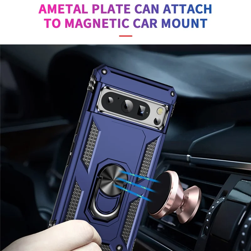 For Google Pixel 8 Pro PC+TPU Kickstand Phone Case Magnetic Car Mount Holder Phone Cover - Blue