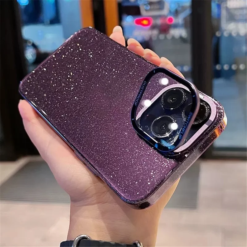 Phone Shell for iPhone 14 Pro Max Glitter Anti-scratch PC Case with Camera Protection Cover Kickstand - Dark Purple