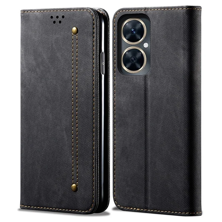 Für Huawei nova 11i / Maimang 20 / Enjoy 60 Pro PU-Leder-Hülle, Ständer, Geldbörse, Jeans-Stoff-Textur, Handyhülle - Schwarz
