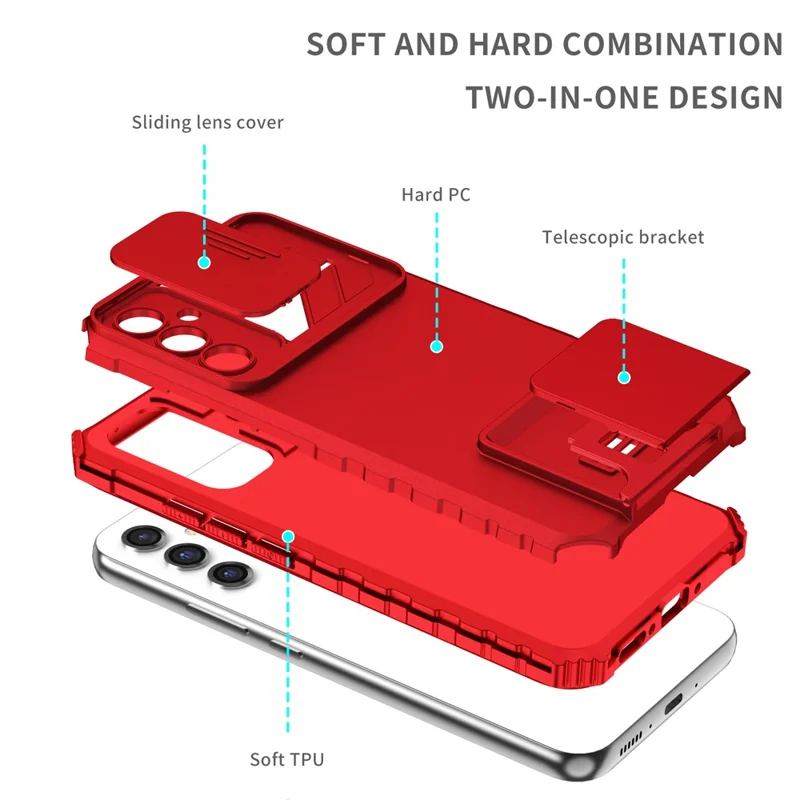 For Samsung Galaxy A34 5G Kickstand Phone Case PC + TPU Phone Protector with Slide Camera Cover - Red