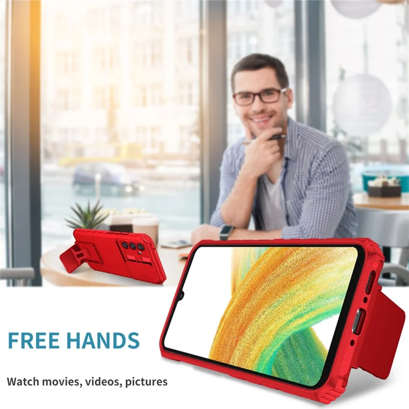 For Samsung Galaxy A34 5G Kickstand Phone Case PC + TPU Phone Protector with Slide Camera Cover - Red