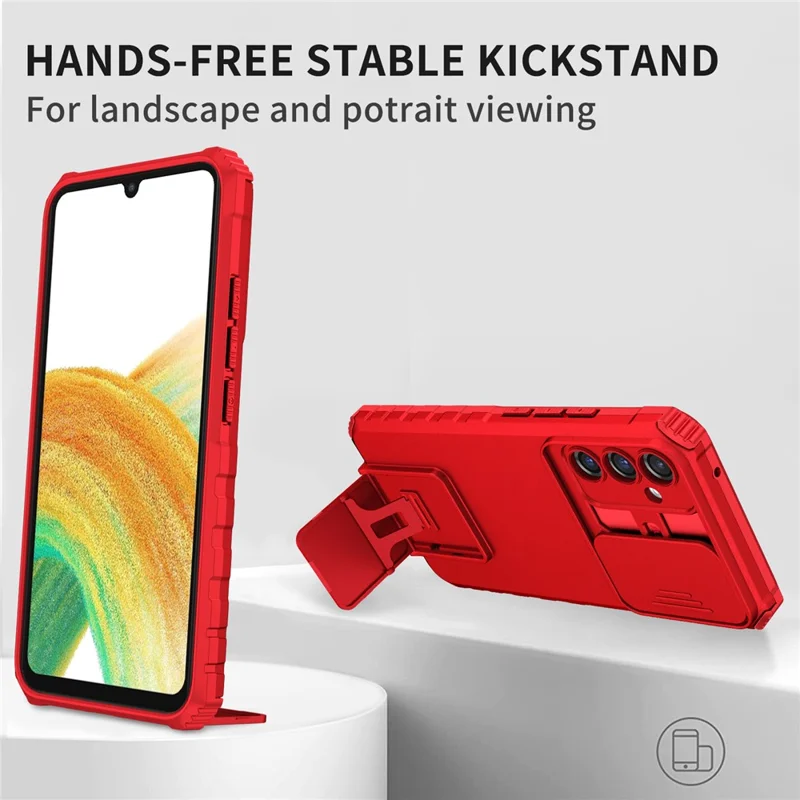 For Samsung Galaxy A34 5G Kickstand Phone Case PC + TPU Phone Protector with Slide Camera Cover - Red