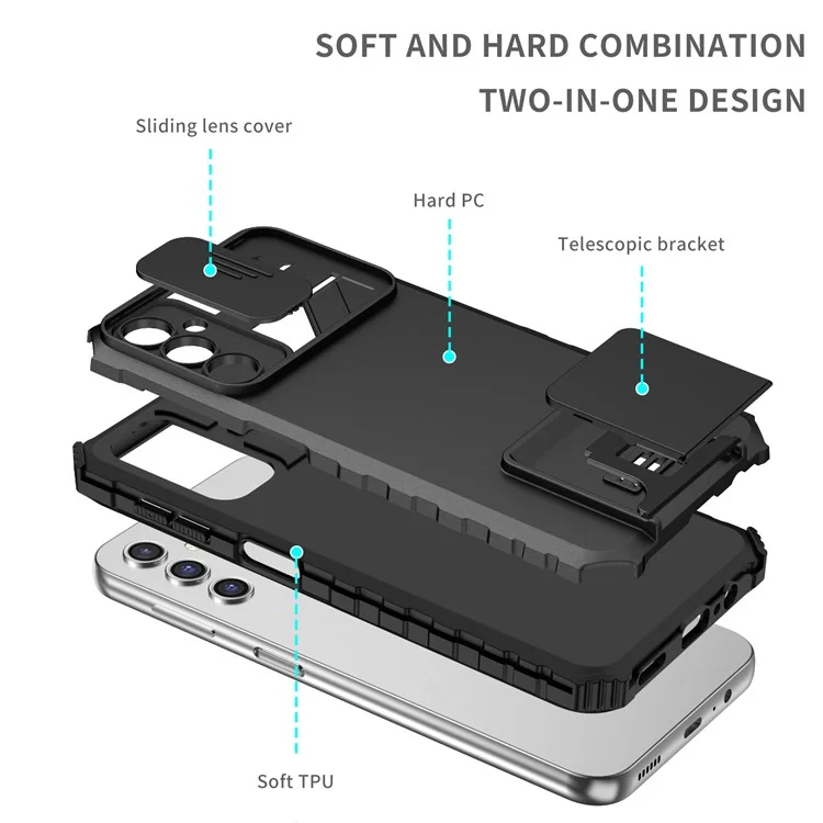 Per Samsung Galaxy A14 5G / A14 4G Kickstand Phone Case Slide Camera Protection PC + TPU Cover - Nero