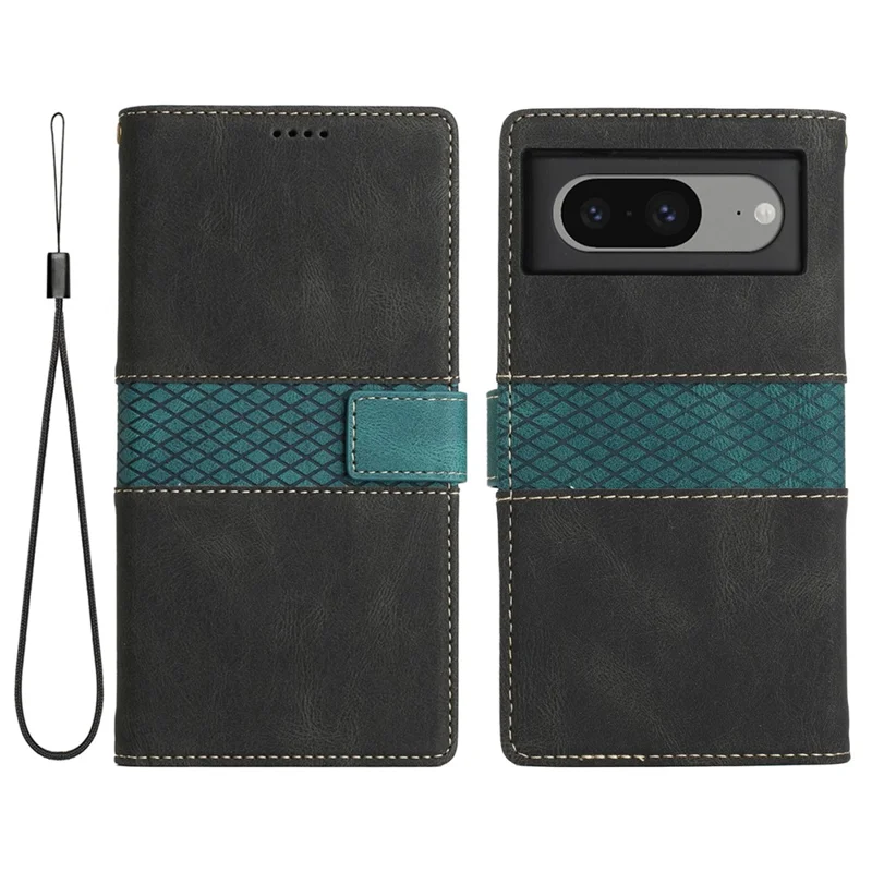 Stand Phone Case for Google Pixel 8 , PU Leather Cover Magnetic Wallet Grid Splicing Phone Shell with Strap - Black