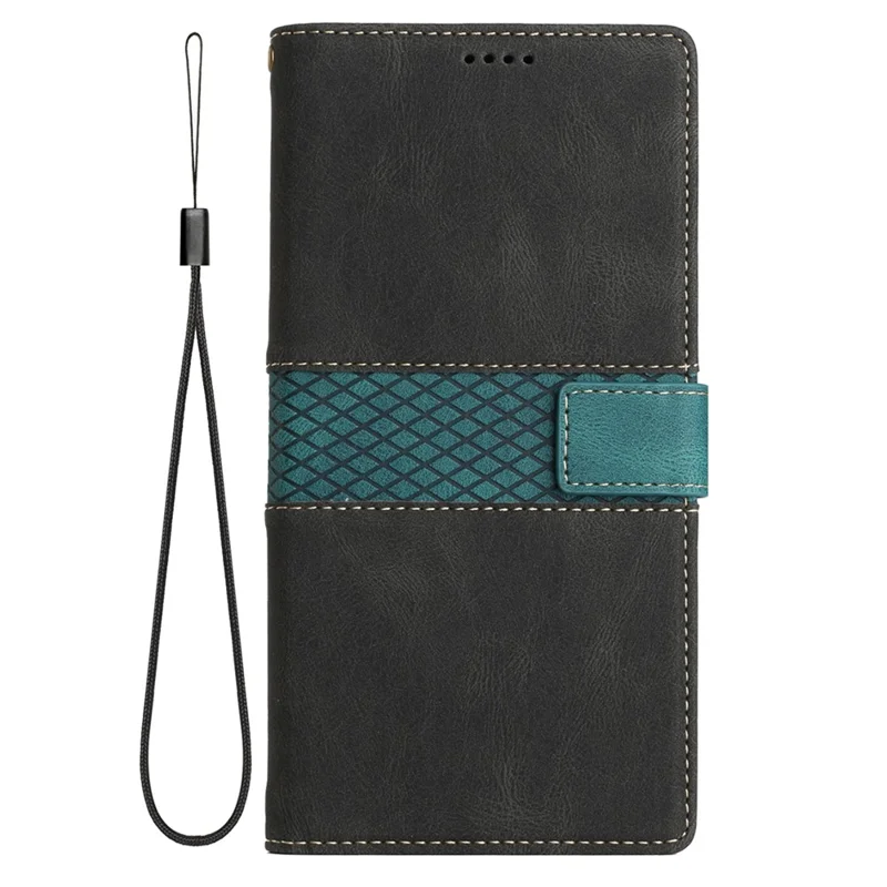 Stand Phone Case for Google Pixel 8 , PU Leather Cover Magnetic Wallet Grid Splicing Phone Shell with Strap - Black