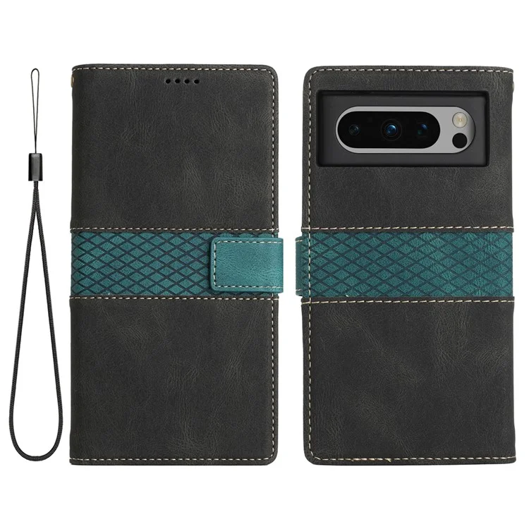 For Google Pixel 8 Pro PU Leather Cover Magnetic Flip Wallet Grid Splicing Phone Stand Case with Strap - Black