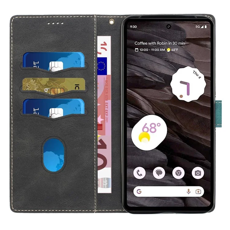 For Google Pixel 8 Pro PU Leather Cover Magnetic Flip Wallet Grid Splicing Phone Stand Case with Strap - Black