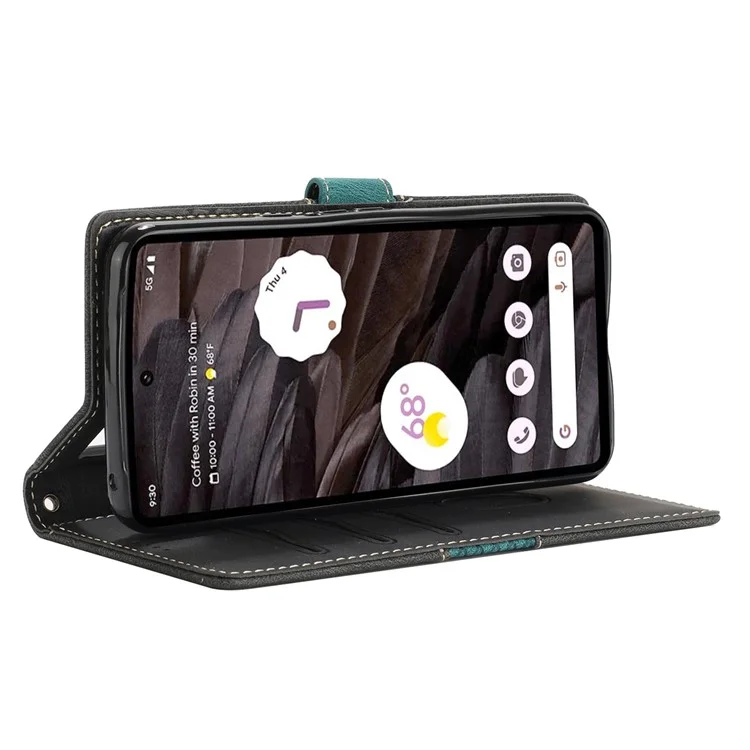 For Google Pixel 8 Pro PU Leather Cover Magnetic Flip Wallet Grid Splicing Phone Stand Case with Strap - Black