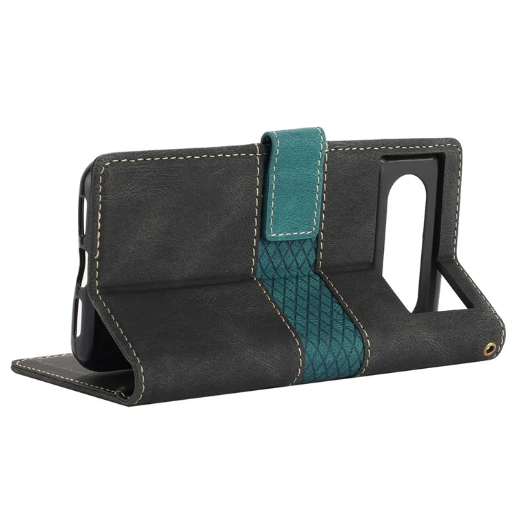 For Google Pixel 8 Pro PU Leather Cover Magnetic Flip Wallet Grid Splicing Phone Stand Case with Strap - Black