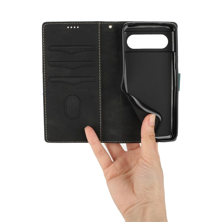 For Google Pixel 8 Pro PU Leather Cover Magnetic Flip Wallet Grid Splicing Phone Stand Case with Strap - Black