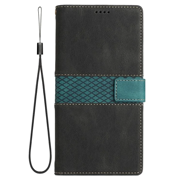 For Google Pixel 8 Pro PU Leather Cover Magnetic Flip Wallet Grid Splicing Phone Stand Case with Strap - Black