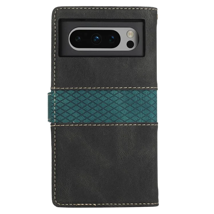 For Google Pixel 8 Pro PU Leather Cover Magnetic Flip Wallet Grid Splicing Phone Stand Case with Strap - Black
