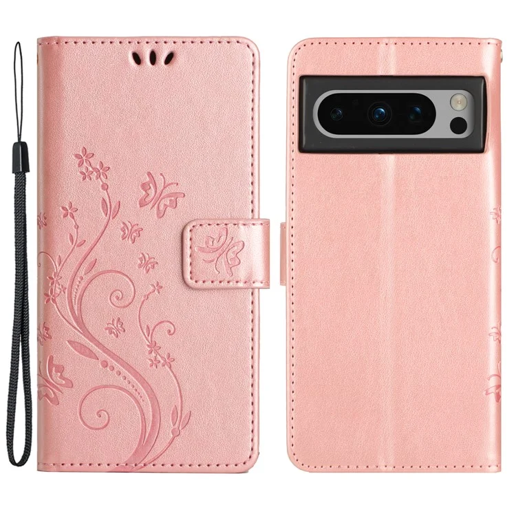 Para Google Pixel 8 Pro Imprinted Butterfly Pattern Phone Shell Wallet Stand PU Leather Phone Cover Case - Rose Gold