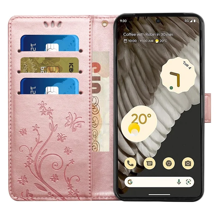 Para Google Pixel 8 Pro Imprinted Butterfly Pattern Phone Shell Wallet Stand PU Leather Phone Cover Case - Rose Gold