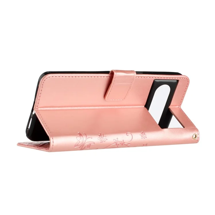 Para Google Pixel 8 Pro Imprinted Butterfly Pattern Phone Shell Wallet Stand PU Leather Phone Cover Case - Rose Gold