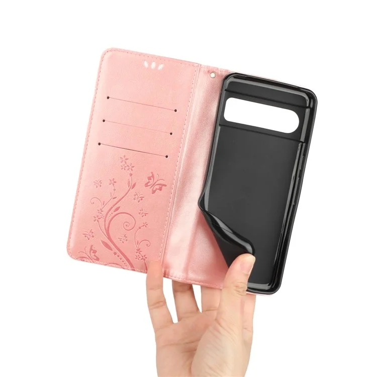 Para Google Pixel 8 Pro Imprinted Butterfly Pattern Phone Shell Wallet Stand PU Leather Phone Cover Case - Rose Gold