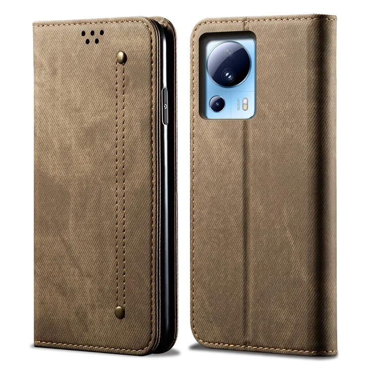 Для Xiaomi 13 Lite / Civi 2 5G Бумажник PU Leather Чехол для телефона Джинсовая ткань Текстура Подставка для телефона - Хаки