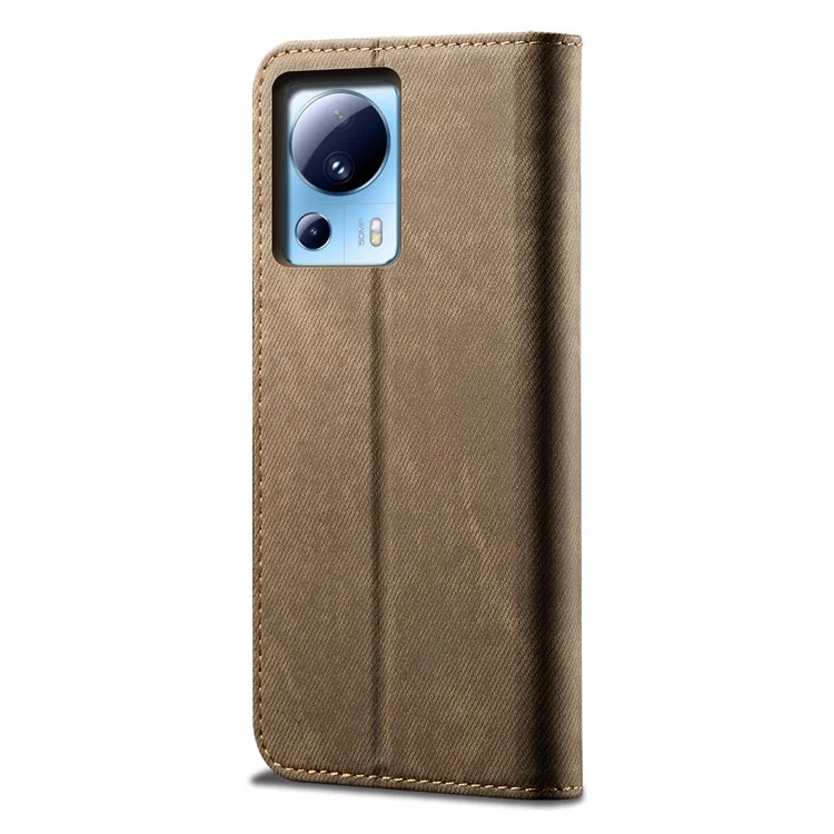 Для Xiaomi 13 Lite / Civi 2 5G Бумажник PU Leather Чехол для телефона Джинсовая ткань Текстура Подставка для телефона - Хаки