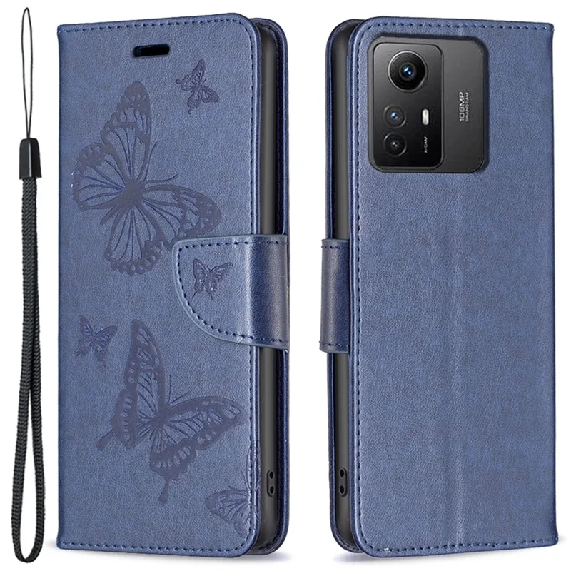 For Xiaomi Redmi Note 12S 4G Stand Wallet Phone Case Butterfly Imprinted Leather Flip Cover with Strap - Blue