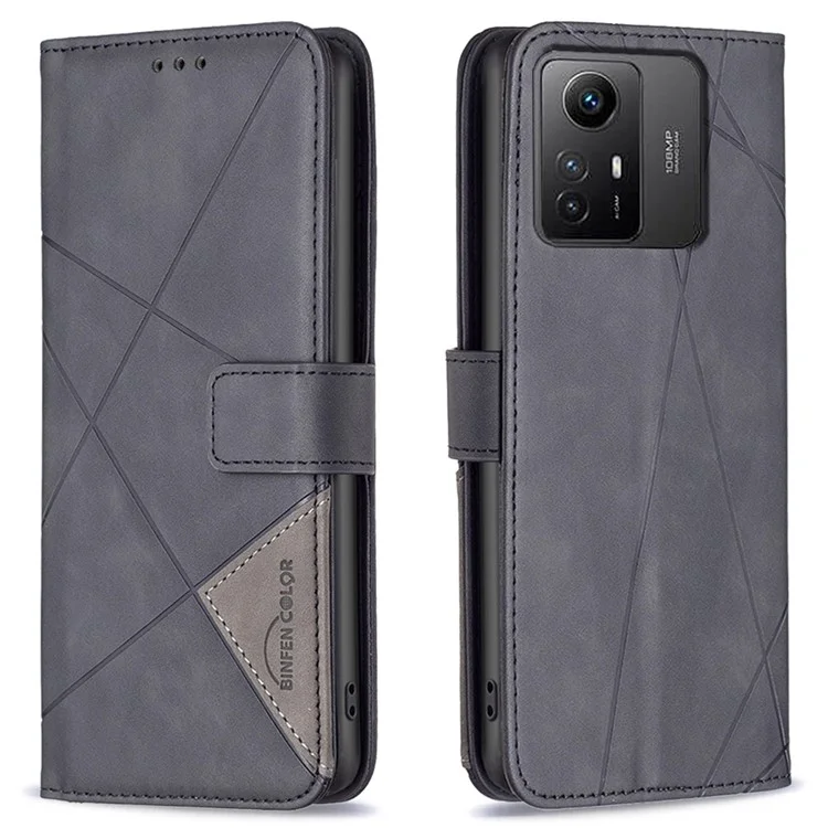 BINFEN COLOR For Xiaomi Redmi Note 12S 4G Phone Cases Wallet Stand Geometry Imprinted Leather Cover - Black