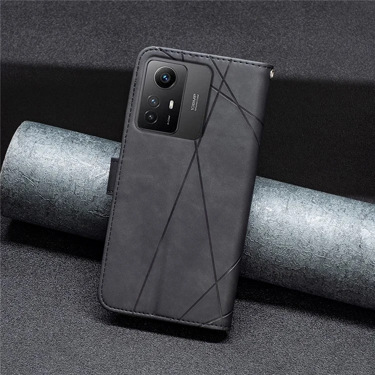 BINFEN COLOR For Xiaomi Redmi Note 12S 4G Phone Cases Wallet Stand Geometry Imprinted Leather Cover - Black