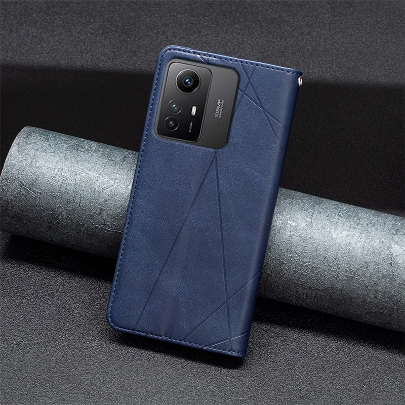 For Xiaomi Redmi Note 12S 4G Splicing Style Phone Case Imprinted Line Stand Card Holder Leather Cover - Blue