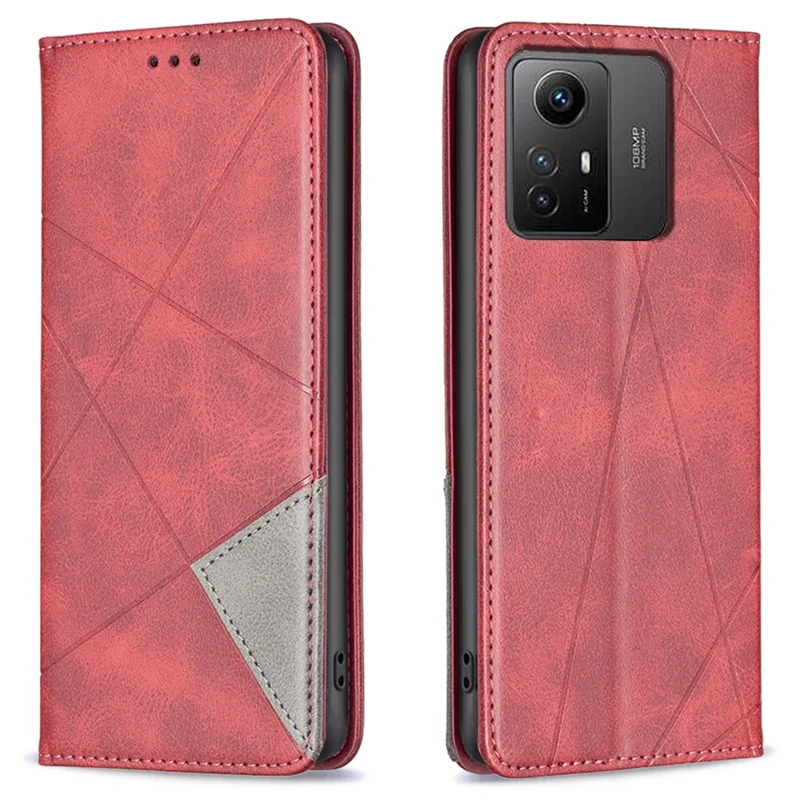 Pour Xiaomi Redmi Note 12S 4G Splicing Style Phone Case Imprinted Line Stand Card Holder Leather Cover - Rouge