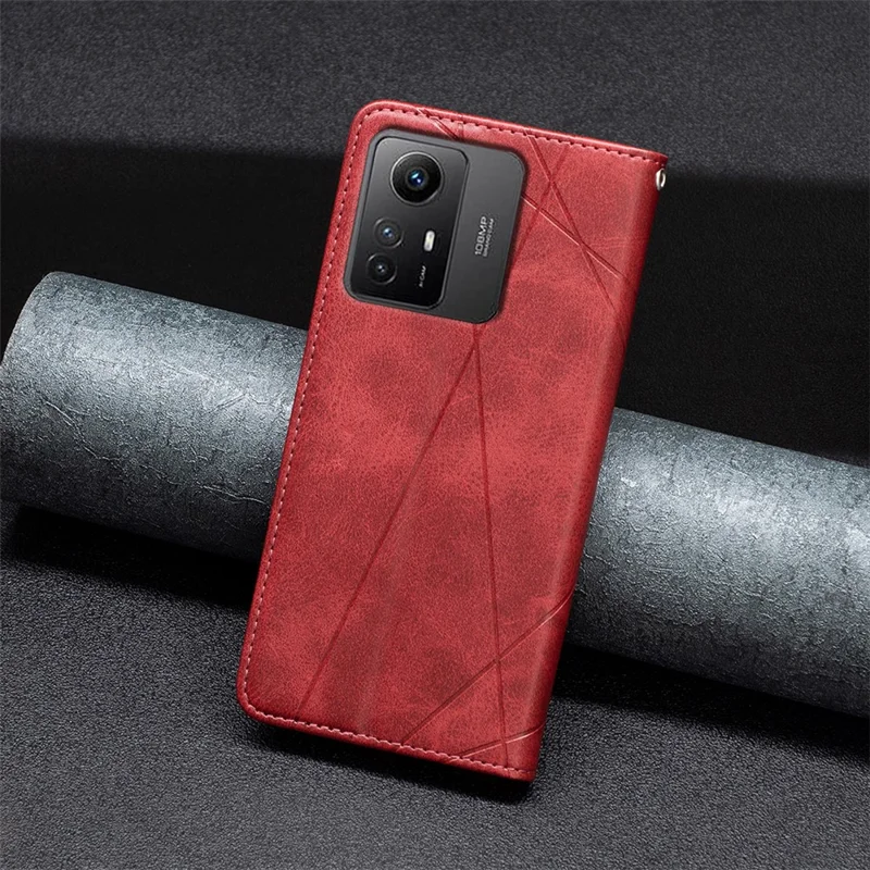 Pour Xiaomi Redmi Note 12S 4G Splicing Style Phone Case Imprinted Line Stand Card Holder Leather Cover - Rouge