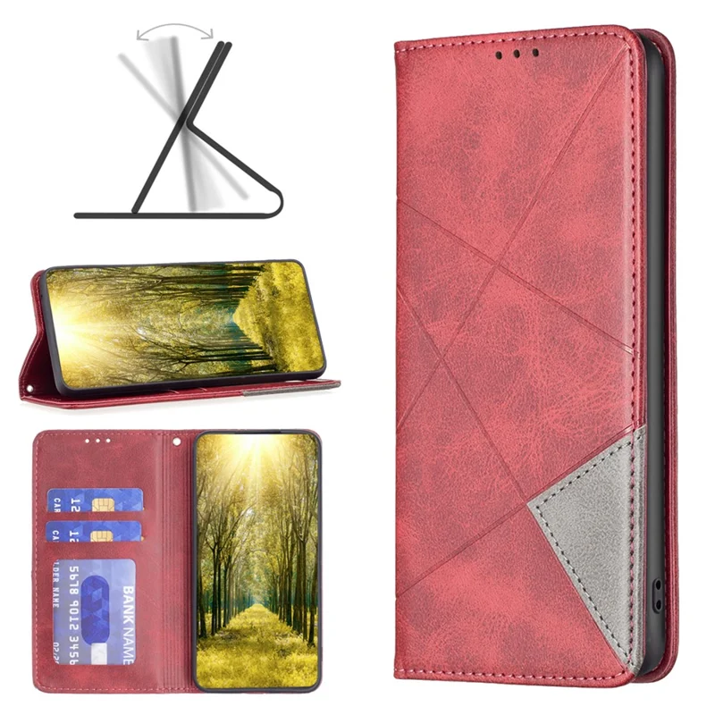 Pour Xiaomi Redmi Note 12S 4G Splicing Style Phone Case Imprinted Line Stand Card Holder Leather Cover - Rouge