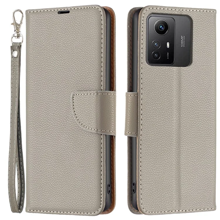 Flip Stand Phone Cover for Xiaomi Redmi Note 12S 4G , Wallet PU Leather Litchi Texture Phone Case with Strap - Grey