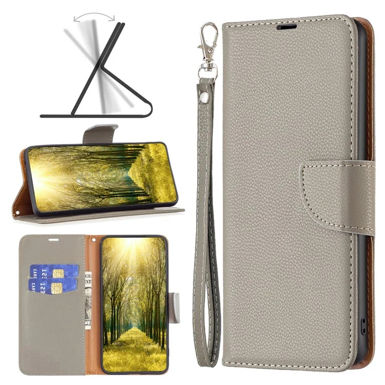 Flip Stand Phone Cover for Xiaomi Redmi Note 12S 4G , Wallet PU Leather Litchi Texture Phone Case with Strap - Grey