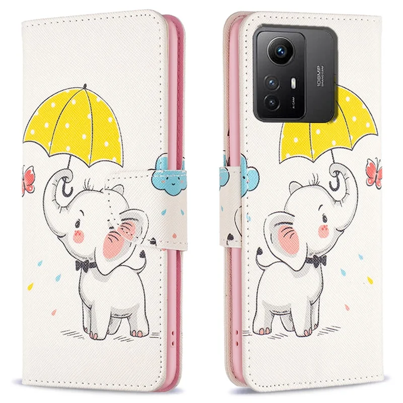For Xiaomi Redmi Note 12S 4G Pattern Printing Phone Case PU Leather Stand Wallet Flip Cover - Umbrella and Elephant