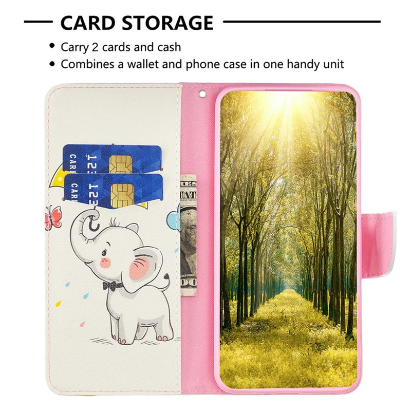 For Xiaomi Redmi Note 12S 4G Pattern Printing Phone Case PU Leather Stand Wallet Flip Cover - Umbrella and Elephant