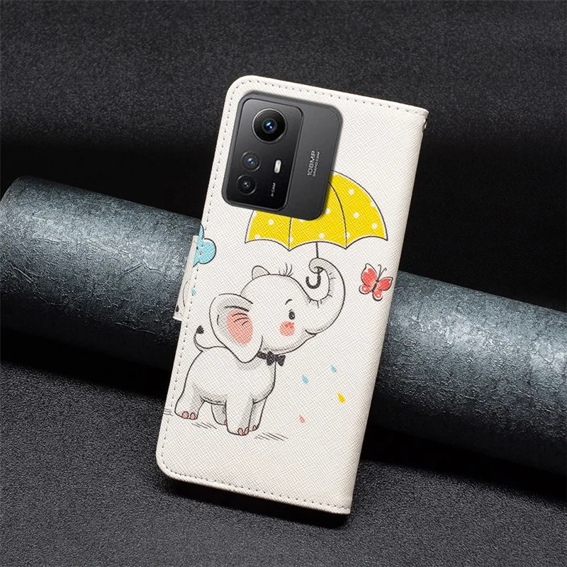 For Xiaomi Redmi Note 12S 4G Pattern Printing Phone Case PU Leather Stand Wallet Flip Cover - Umbrella and Elephant