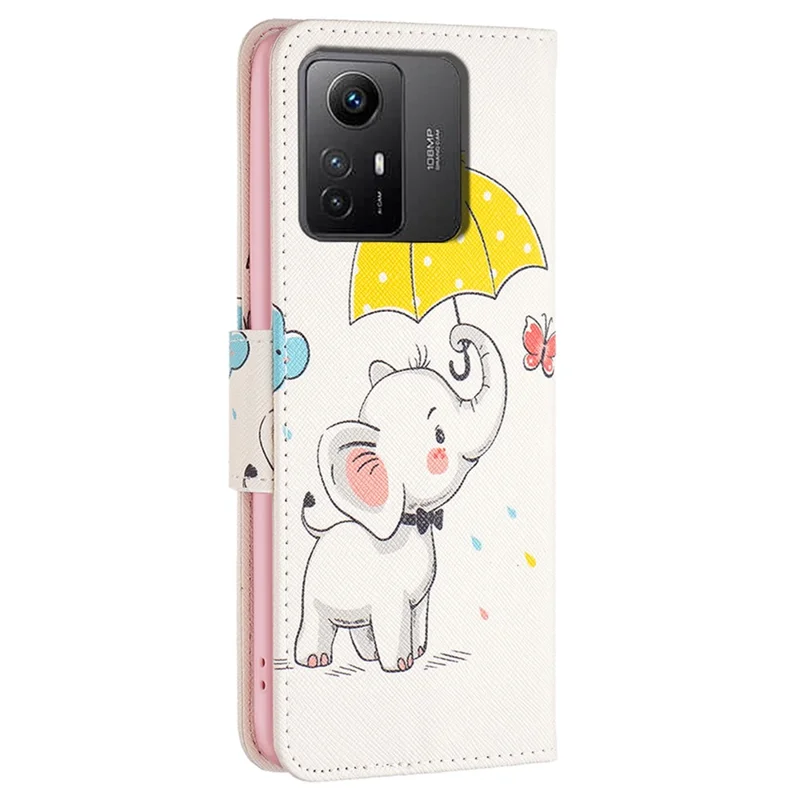 For Xiaomi Redmi Note 12S 4G Pattern Printing Phone Case PU Leather Stand Wallet Flip Cover - Umbrella and Elephant
