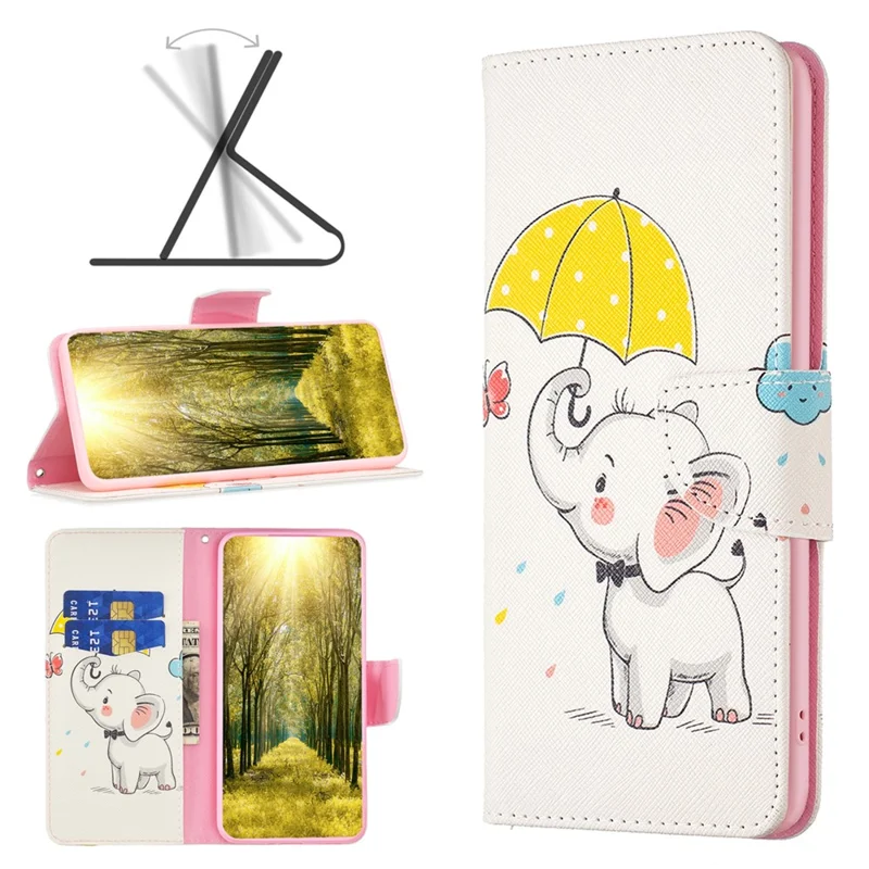 For Xiaomi Redmi Note 12S 4G Pattern Printing Phone Case PU Leather Stand Wallet Flip Cover - Umbrella and Elephant