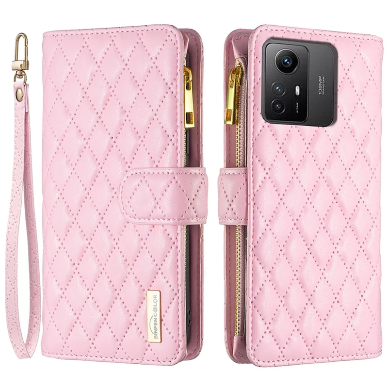 BINFEN COLOR BF Style-15 for Xiaomi Redmi Note 12S 4G Zipper Pocket Leather Wallet Phone Flip Case Stand Cover - Pink