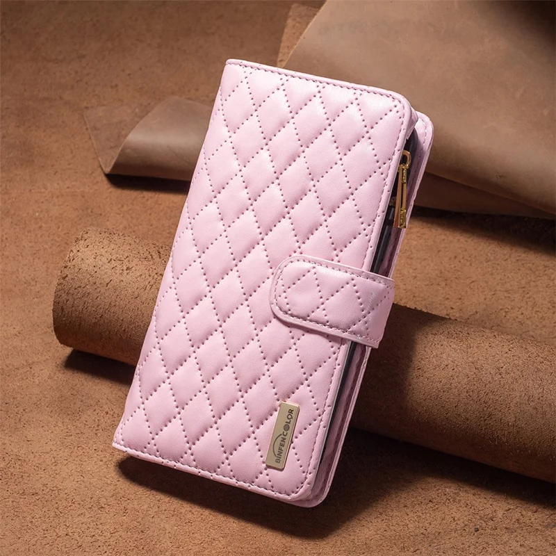 BINFEN COLOR BF Style-15 for Xiaomi Redmi Note 12S 4G Zipper Pocket Leather Wallet Phone Flip Case Stand Cover - Pink