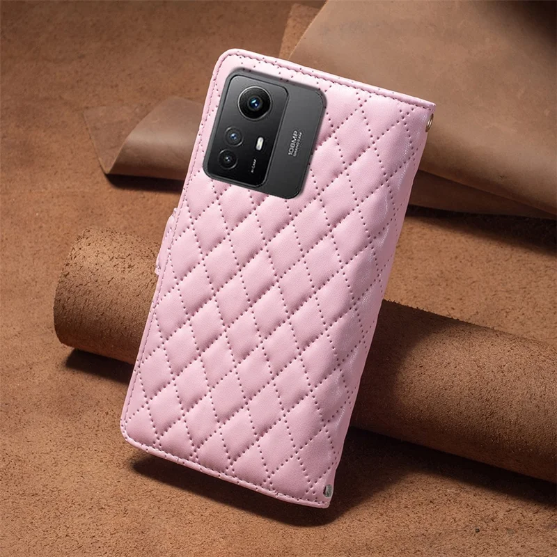 BINFEN COLOR BF Style-15 for Xiaomi Redmi Note 12S 4G Zipper Pocket Leather Wallet Phone Flip Case Stand Cover - Pink