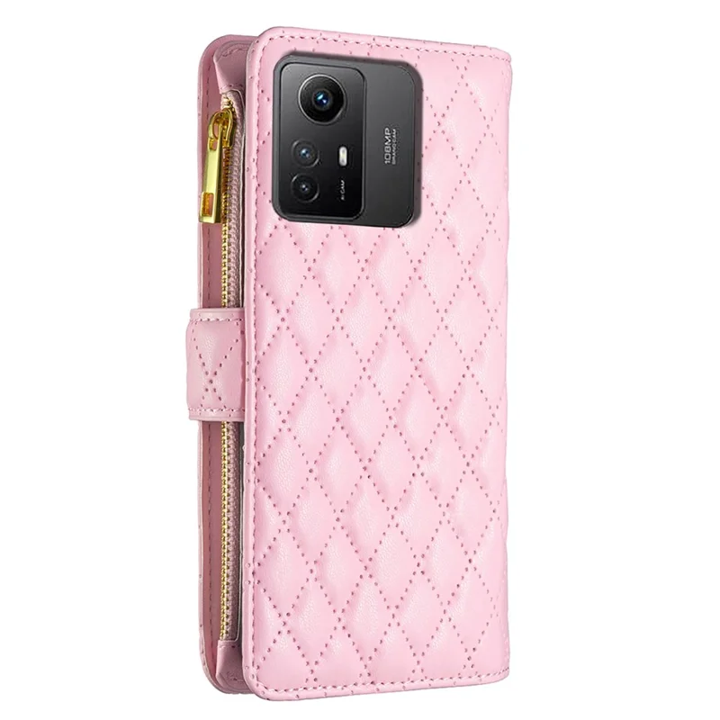BINFEN COLOR BF Style-15 for Xiaomi Redmi Note 12S 4G Zipper Pocket Leather Wallet Phone Flip Case Stand Cover - Pink
