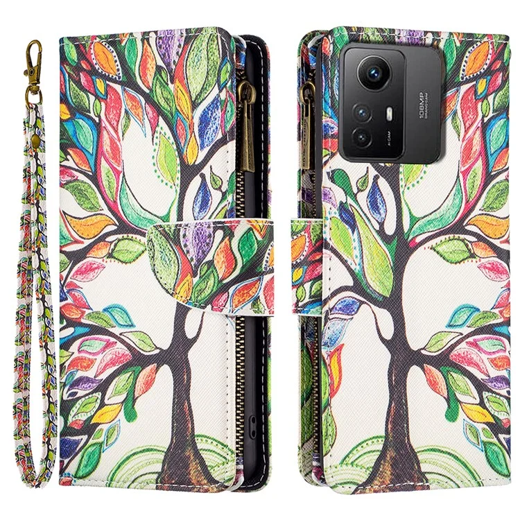 BF03 Zipper Pocket Wallet Case per Xiaomi Redmi Note 12S 4G Custodia in pelle PU con stampa a motivo Supporto - Albero della vita