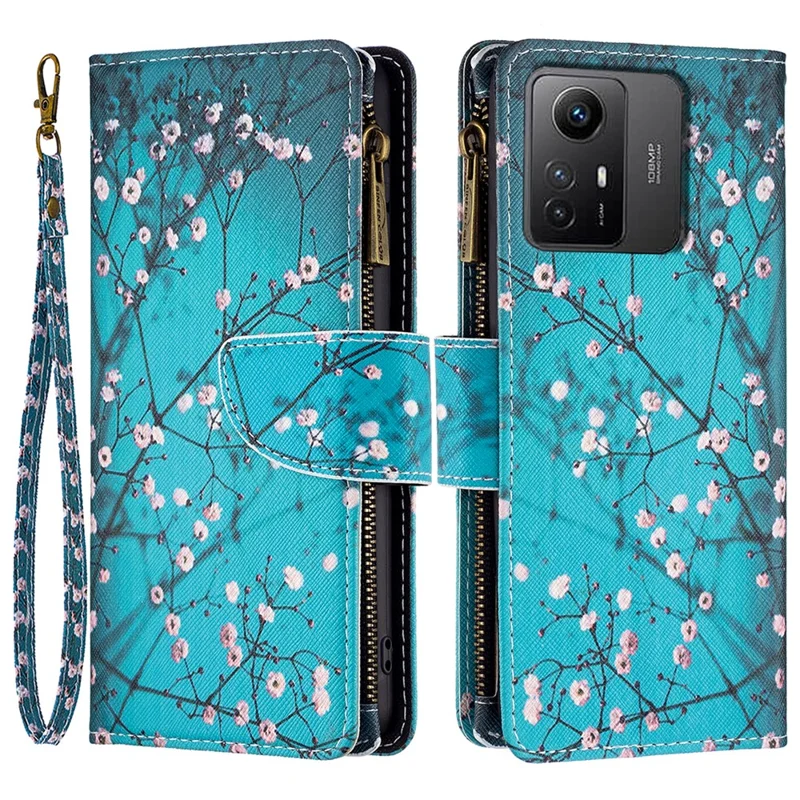 BF03 Zipper Pocket Wallet Case para Xiaomi Redmi Note 12S 4G Capa de Telefone em Couro PU com Impressão de Padrão Dobrável - Flor de Ameixeira