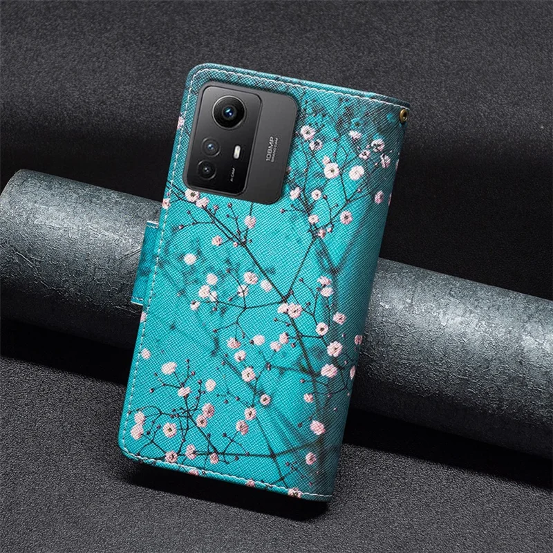 BF03 Zipper Pocket Wallet Case para Xiaomi Redmi Note 12S 4G Capa de Telefone em Couro PU com Impressão de Padrão Dobrável - Flor de Ameixeira