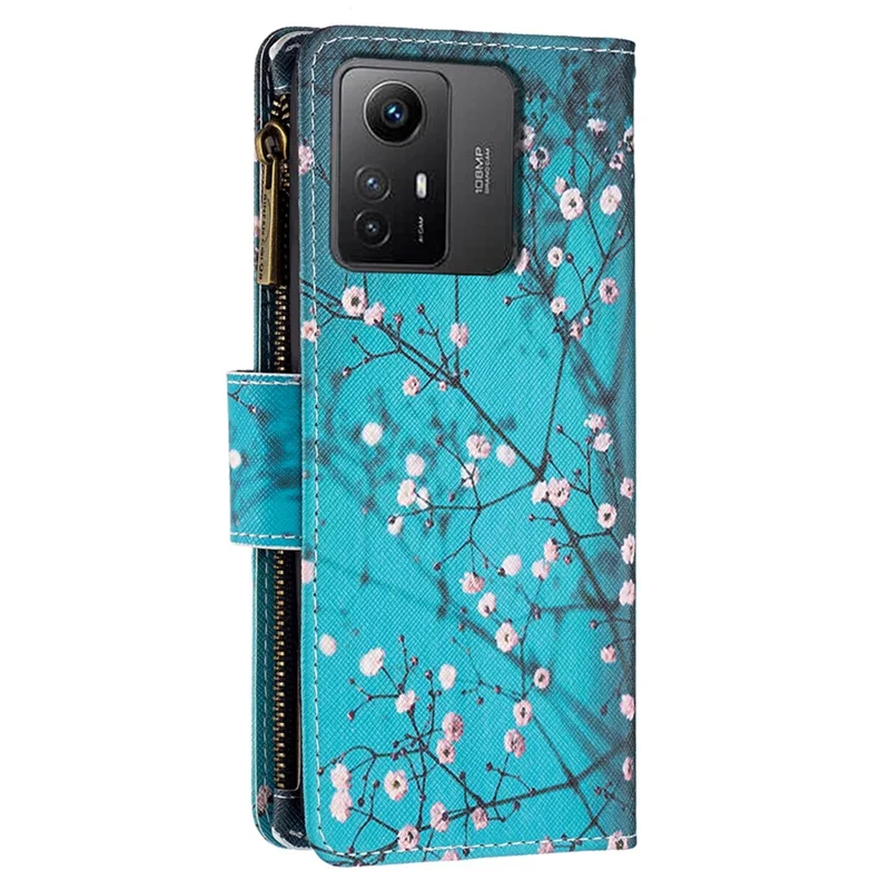BF03 Zipper Pocket Wallet Case para Xiaomi Redmi Note 12S 4G Capa de Telefone em Couro PU com Impressão de Padrão Dobrável - Flor de Ameixeira