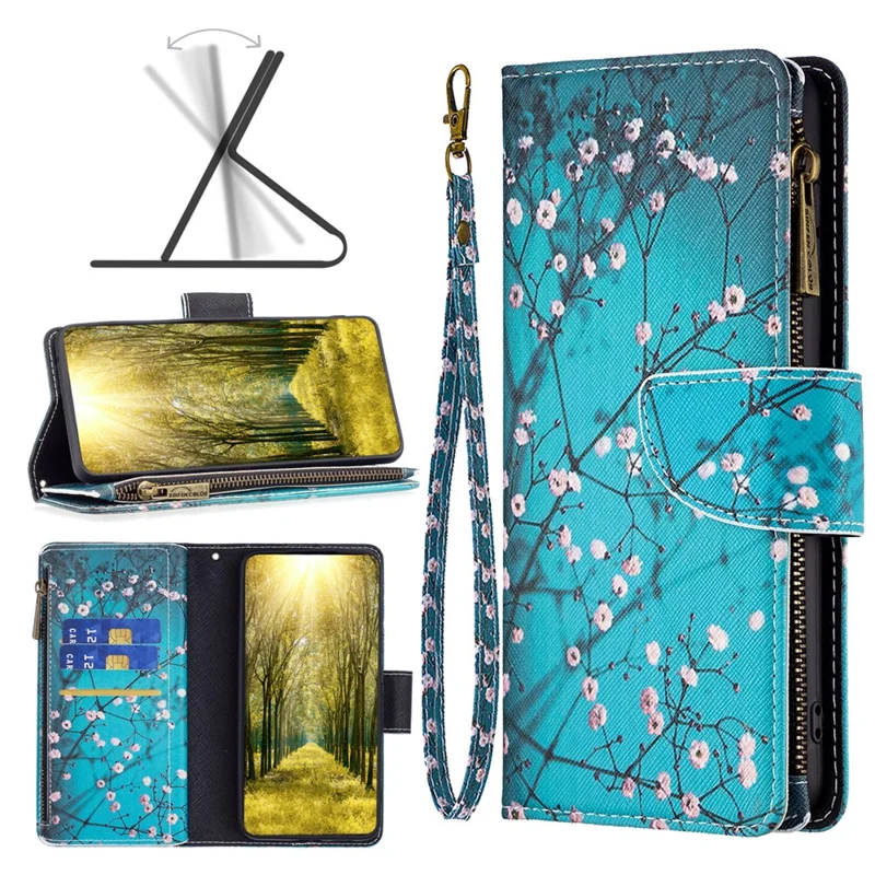 BF03 Zipper Pocket Wallet Case para Xiaomi Redmi Note 12S 4G Capa de Telefone em Couro PU com Impressão de Padrão Dobrável - Flor de Ameixeira