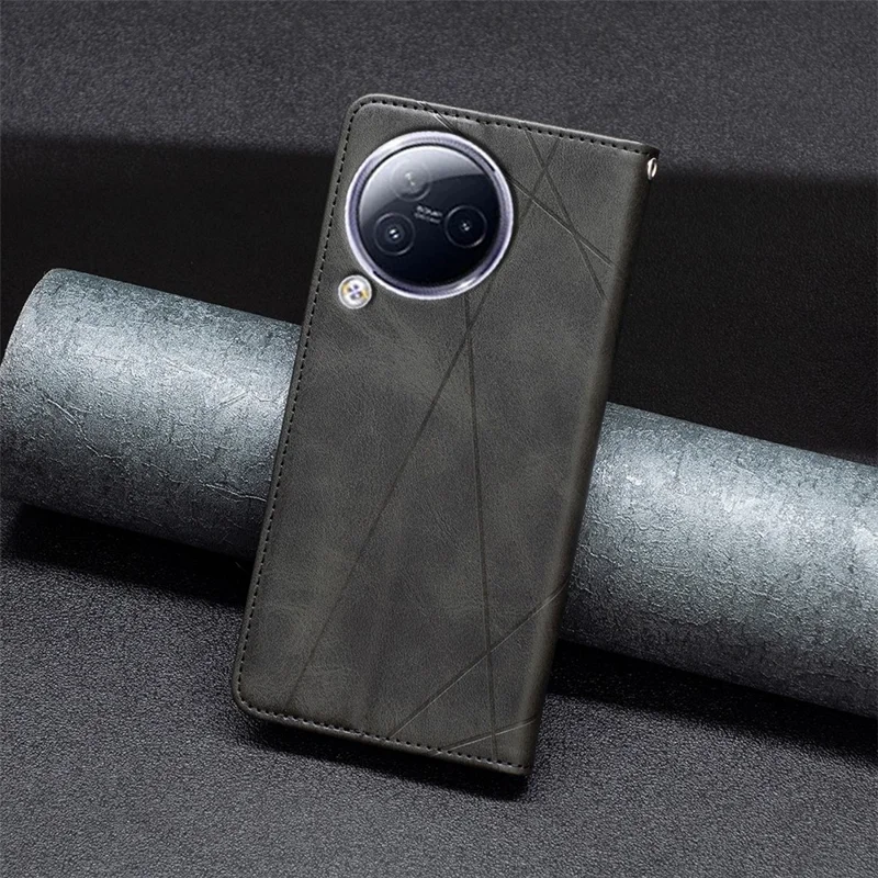 For Xiaomi Civi 3 5G Cell Phone Case Stand Leather Card Holder Imprinted Line Phone Cover - Black