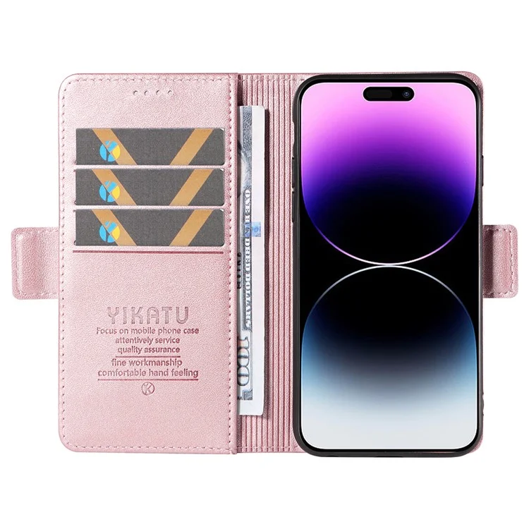 YIKATU YK-003 Para iPhone 15 Pro Max Capa de Carteira de Couro PU com Fecho Magnético - Rose Gold