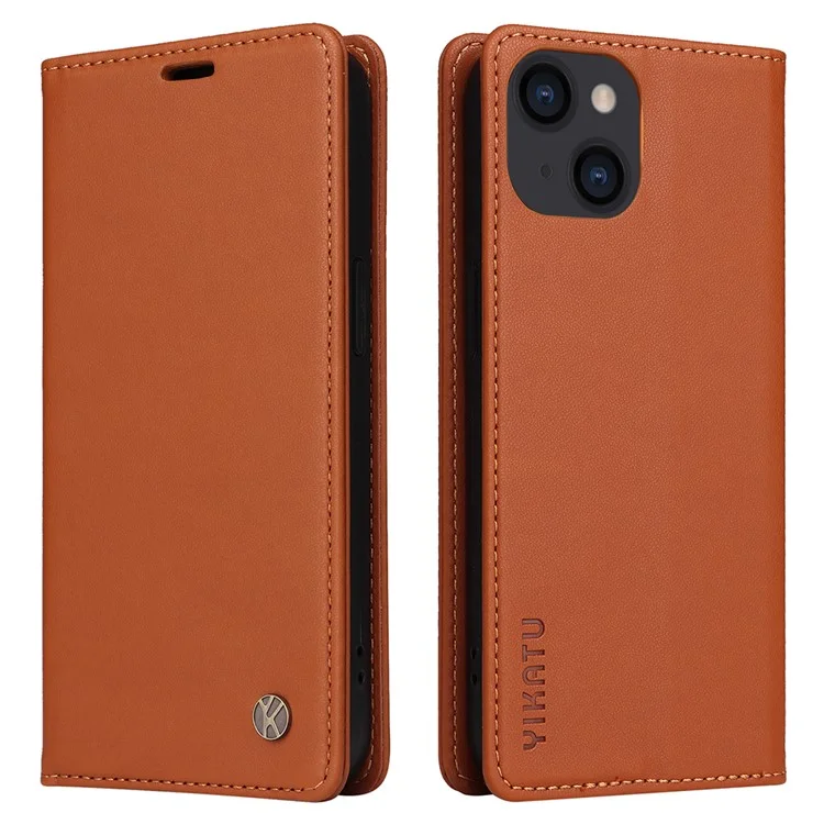 YIKATU YK-001 For iPhone 15 PU Leather Wallet Phone Case Magnetic Auto-absorbed Stand Cover - Brown