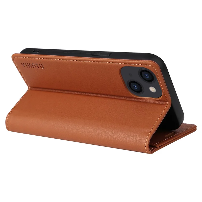 YIKATU YK-001 For iPhone 15 PU Leather Wallet Phone Case Magnetic Auto-absorbed Stand Cover - Brown