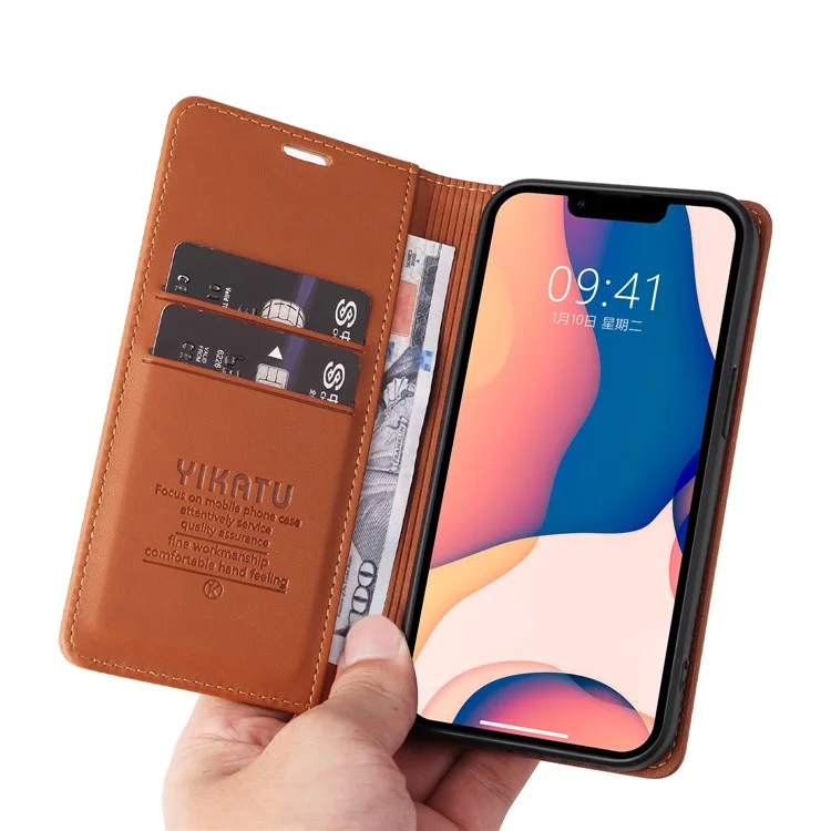 YIKATU YK-001 For iPhone 15 PU Leather Wallet Phone Case Magnetic Auto-absorbed Stand Cover - Brown